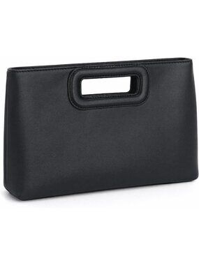 Women's Black Clutch Handbag Modern Faux Leather with Metal Handle Evening Bag